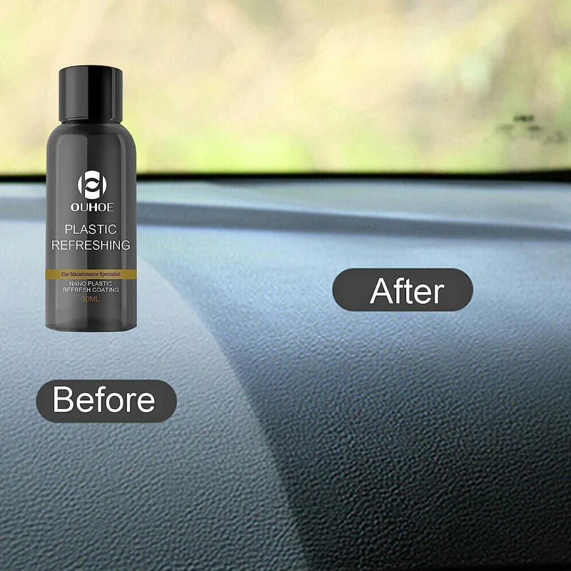 Bottle of OUHOE plastic refreshing spray with 'Before' and 'After' comparison on a car interior background