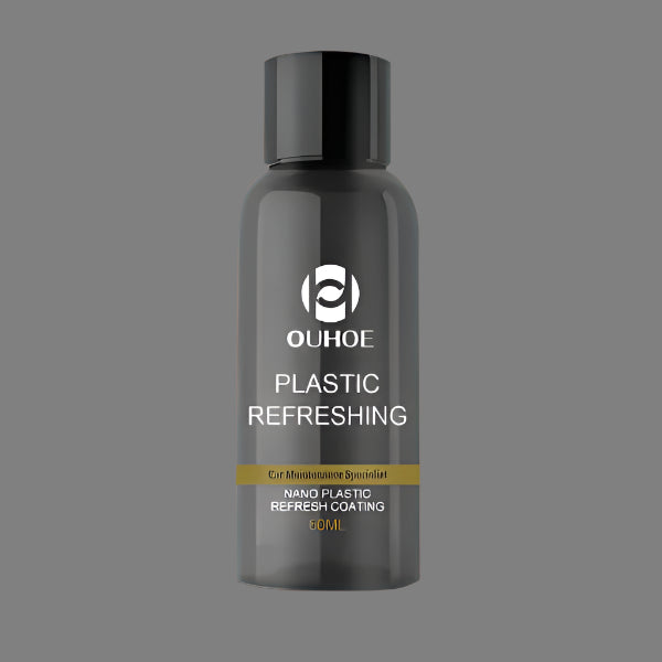 Bottle of OUHOE Plastic Refreshing product on an orange background