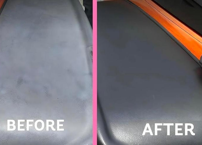 Comparison of a car seat cover before and after cleaning, with 'Before' on the left and 'After' on the right.